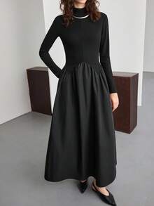 Ontre 2025 优雅黑色梭织拼布针织连衣裙，修身腰身搭配喇叭裙，适合 5-15°C，商务休闲，通勤，日常穿着，秋冬 - 黑色 - 查看 2