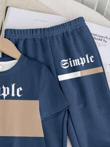 2件套年轻男孩休闲简约蓝色圆领短袖上衣和裤子套装 - 白色 - 查看 6