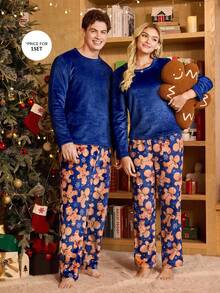 CoupledUp Cute Christmas Pattern Cozy Men Fluffy Pajama Set, Fall Winter Clothes - Multicolor - View 1