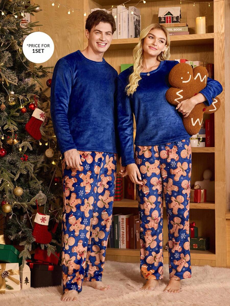 CoupledUp Cute Christmas Pattern Cozy Men Fluffy Pajama Set, Fall Winter Clothes - Multicolor - View 1