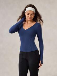 OutZeal Koszulka sportowa na siłownię, treningowa, z długim rękawem i dekoltem w serek, szybkoschnącym, modelującym brzuch, dopasowana do ciała, z otworami na kciuki - Niebieski - Zobacz 5