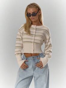 MUSERA Knit Striped Cinched Waist Longline Cropped Cardigan Fall Autumn Cosy Cute Casual Coffee Club Winter  Elegant Evening Party Winter  Spring Sweater - Multicolor - View 1