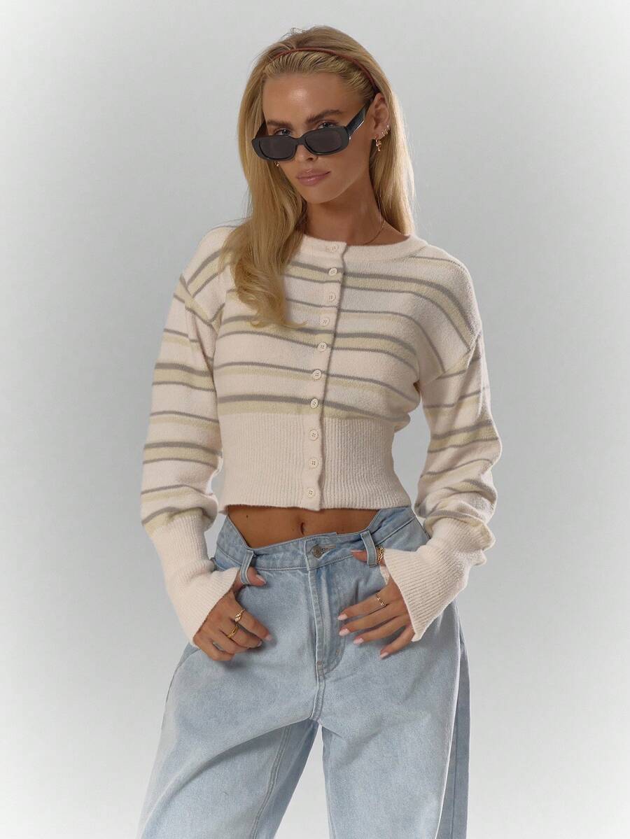 MUSERA Knit Striped Cinched Waist Longline Cropped Cardigan Fall Autumn Cosy Cute Casual Coffee Club Winter  Elegant Evening Party Winter  Spring Sweater - Multicolor - View 1