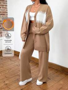 EURMUSE 大码女式图案开衫和毛衣裤套装，适合冬季 - 駝色 - 查看 1