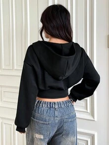 SHEIN EZwear 女士休闲简约刺绣Logo卫衣，适合秋冬季节，拉链款 - 黑色 - 查看 2