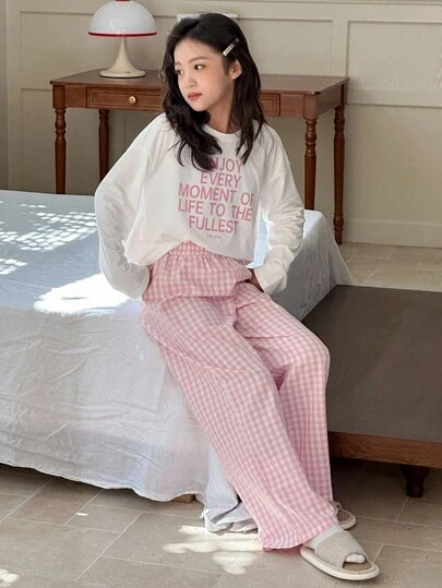 DAZY 2pcs/Set Tween Girls Crew Neck Knit Printed Long Sleeve T-Shirt + Woven Plaid Pants Loungewear Set, Fall