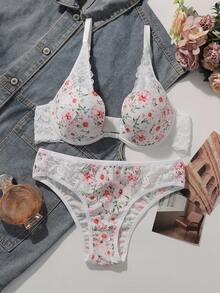 SHEIN 1 Bộ 2 Áo ngực ren không dây cho nữ - Đỏ và trắng - Xem 6