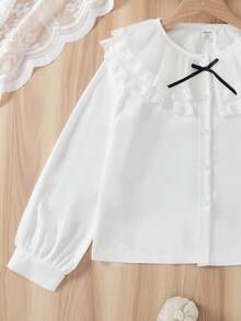 1pc Girls' White Large Lapel Pleated Double-Layer Lace Ruffle Collar Button Front Bow Cuff Lantern Sleeve Elegant Princess Blouse, Spring/Autumn (Sibling Outfits Matching Outfits, 2 Pieces Sold Separately)