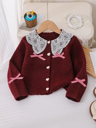Genkimix Kids Girls' Burgundy Christmas Sweater Cardigan, Patchwork Ruffle Peter Pan Collar Round Neck Long Sleeve Knit Top, Plaid Bow Decor Button Front Cardigan, Sweet & Elegant New Autumn/Winter Sweater Fall