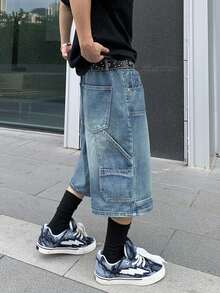 Manfinity EMRG 休闲宽松纽扣口袋阔腿男士牛仔短裤 - 藍色 - 查看 5