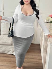 Modelyn Plus Size Women Knight Print Long Sleeve Pleated Top And Halter Bodycon Dress Casual 2 Pieces Set - White - View 6