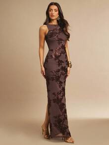 Silquee Women's Sexy Brown Floral Heavy Embroidery Backless Tie Party Dress, Simple And Elegant Square Neck Backless Sleeveless Dress, Suitable For Parties, Gatherings, Dates, Going Out, Wedding Guest Dresses For Women, Wedding Guest Dresses, Wedding Guest Dresses, Women's Birthday Dresses, Date Night Clothes, Women's Brown Backless Dress, Brown Backless Dress, Brown Dress, Brown Embroidered Dress, Popular Keywords Brown Wedding Guest Dress Chocolate Brown Maxi Dress Chocolate Brown