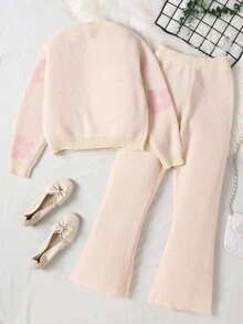 SHEIN Tween Girls Casual Jacquard Loose Pullover Sweater And Flare Pants Set, Suitable For Home And Outdoor, Autumn/Winter Fall - Apricot - View 2
