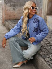 Brillora Abrigo casual acolchado para mujer con estampado de estrella de mar y diamante, cuello abierto, adecuado para salidas y vacaciones, otoño/invierno