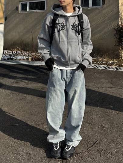 DAZY 男士星星印花保暖内衬拉链连帽衫，灰色，秋冬