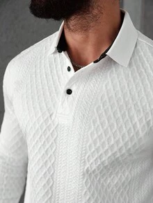 Manfinity CasualCool Herren Kontrast-Farbiges, strukturiertes Langarm Lässig Pendler Weiß Langarm Poloshirt, Old Money, Herbst - Schwarz und Weiss - Übersicht 6