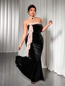 Cravure 大码花卉拼布露肩修身鱼尾连衣裙 - 黑色 - 查看 5