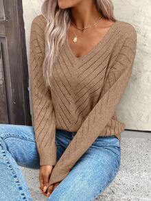 EMERY ROSE 女士宽松休闲镂空几何纹理V领毛衣 - 卡其色 - 查看 6