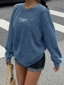 SHEIN EZwear Plus Size Acid Washed Look Vintage Knitted Distressed Loose Fit Long Sleeve T-Shirt Blue Sweatshirt/Fall/Winter - Baby Blue - View 4