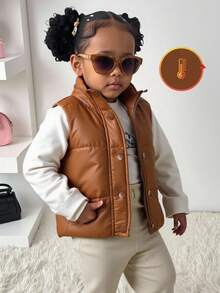 SHEIN 1 件婴幼儿男女款时尚简约街头风格棕色夹棉背心夹克，适合日常上学穿着，冬季 - 棕色 - 查看 5