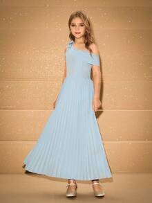 Elegant Light Blue Bowknot Fitted Dress For Tween Girls,Summer Luxurious Wedding Guest Gown For Evening Party,Halloween,Christmas,Graduation,Prom - Blue - View 4