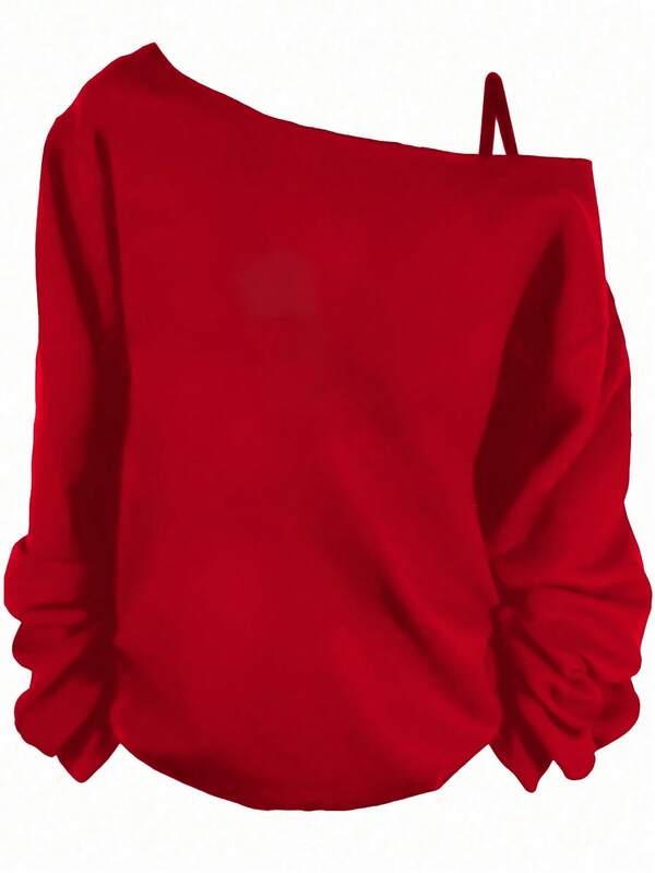 EMERY ROSE Halloween & Christmas Red Casual Minimalist Off-Shoulder Long Sleeve T-Shirt, Versatile Plus Size, Suitable For Fall/Winter