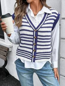 Women's Colorblock V-Neck Knit Cardigan Vest, Spring/Autumn - Blue - View 3