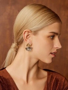 MOTF PREMIUM PENDIENTES DE DISEÑO ÚNICO CON TEXTURA METÁLICA DE DOS TONOS EN FORMA DE HOJA DE ALMENDRA - Dorado - Ver 6