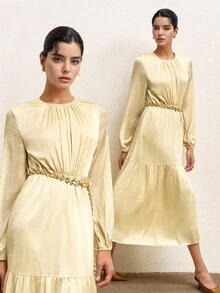 BizChic 2025 Autumn New Champagne Gold Elegant Dress,Textured Ruched Waist Metal Chain Design,Vintage Chic Urban Commute Dining Casual Wedding Guest Party - Navy Blue - View 3