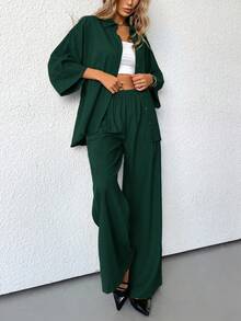 Aveloria Modichic 2 件套女士混纺侧开衩宽松衬衫和高腰阔腿裤优雅商务休闲女装 - 橄欖綠 - 查看 2