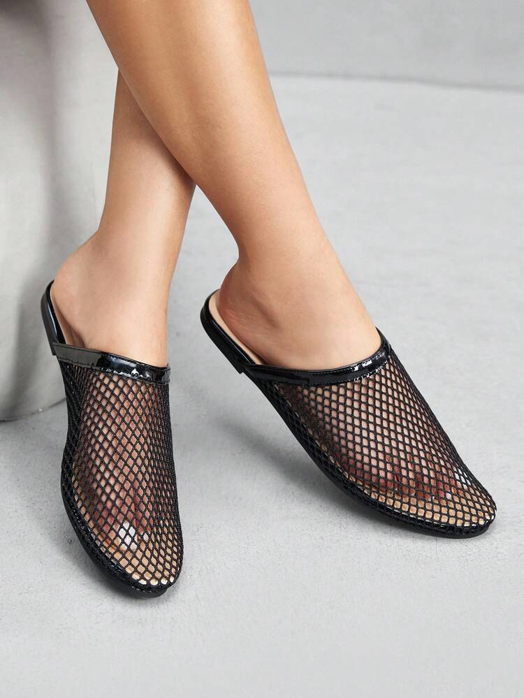 CUCCOO SZL Women's Hollow Breathable Design Pointed Toe Flat Shoes, Black Mesh Flat Shoes For Daily Wear And Home