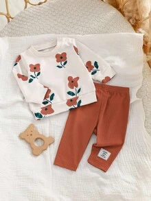 SHEIN 2 件套女婴秋季新款服装，棕色花卉印花长袖按扣肩上衣和宽松裤子，休闲复古别致套装 - 棕色 - 查看 3