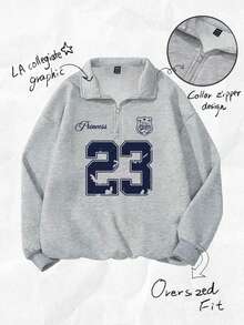 Attitoon 大码女式返校季23复古图案秋季度假宽松半拉链高领抓绒卫衣，适合秋冬季节穿着