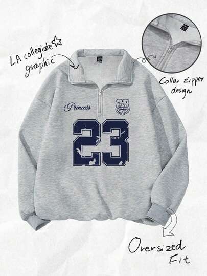 Attitoon 大码女式返校季23复古图案秋季度假宽松半拉链高领抓绒卫衣，适合秋冬季节穿着