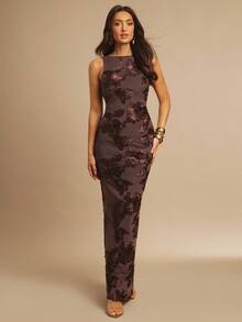 Silquee Women's Sexy Brown Floral Heavy Embroidery Backless Tie Party Dress, Simple And Elegant Square Neck Backless Sleeveless Dress, Suitable For Parties, Gatherings, Dates, Going Out, Wedding Guest Dresses For Women, Wedding Guest Dresses, Wedding Guest Dresses, Women's Birthday Dresses, Date Night Clothes, Women's Brown Backless Dress, Brown Backless Dress, Brown Dress, Brown Embroidered Dress, Popular Keywords Brown Wedding Guest Dress Chocolate Brown Maxi Dress Chocolate Brown