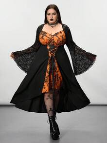 SHEIN CURVE+ Váy dài tay buộc dây phía trước màu đen tương phản phong cách Punk Halloween cỡ lớn/Mùa thu/Mùa đông - Nhiều màu - Xem 6