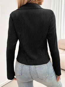 Chiquease 女士条纹纽扣长袖休闲衬衫 - 黑色 - 查看 2