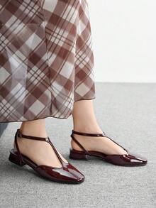 CUCCOO BIZCHIC Women's Square Toe Comfortable Fashion Commuter T-Strap Coffee Mirror Flat Shoes, Spring Casual Wear Commuter Elegant Aesthetic Vintage Style Wedding Outfit