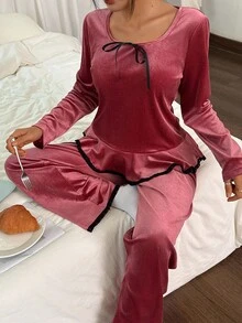 SHEIN Solid Color Velvet Southern French Style Contrast Lace Patchwork Ruffle Trim Long Sleeve Pajama Set For Women, Fall Winter Clothes - Watermelon Pink - View 5