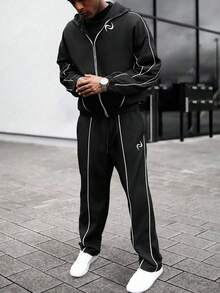 Manfinity Roghcode 男士休闲刺绣拉链连帽衫和裤子套装黑色两件套男士运动服男士慢跑套装慢跑服 Y2k 运动服男士万圣节派对，2000 年代风格，秋季服装 - 黑色 - 查看 4