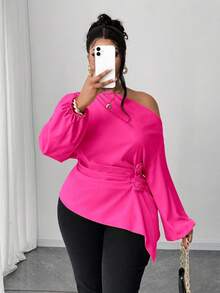 Maweii Áo sơ mi đi làm thường ngày màu trơn nhún vai hoa hồng cỡ lớn, eo xếp ly - Màu Hồng Tươi - Xem 4