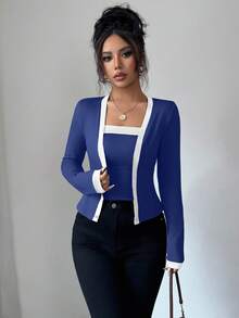 Elenzga 2pcs Women Knit Patchwork Elegant Cardigan And Sleeveless Top Set - Multicolor - View 3