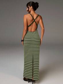 Athîral 女式条纹修身时尚吊带长裙 - 軍綠色 - 查看 2