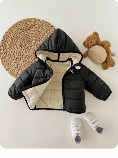 SHEIN 1-Pack Newborn Fashion Casual Hooded Black Padded Coat With Grab Fleece Lining, Winter Coat, Quilted Coat Suitable For Back To School, Birthdays, Baby Baptisms, Baby Parties, Suitable For And Playing, Suitable For Autumn And Winter Coat Clothes Vintage Down Coats Winter Coats Fall