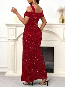 SHEIN Lady 红色礼服天鹅绒亮片面料，圣诞派对礼服新年礼服优雅派对礼服长款派对礼服奢华婚礼晚礼服亮片礼服 - 酒紅色 - 查看 2