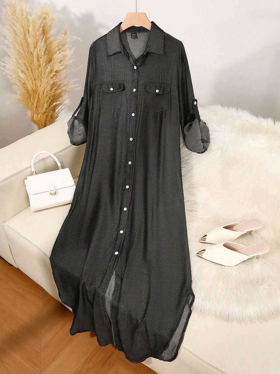 SHEIN LUNE 纯色双排扣卷袖弧形下摆长款连衣裙女装 - 黑色 - 查看 1