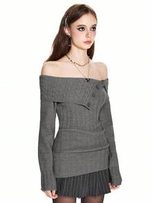 ROMWE Y2K 风格露肩罗纹针织收腰毛衣 - 深灰色 - 查看 5