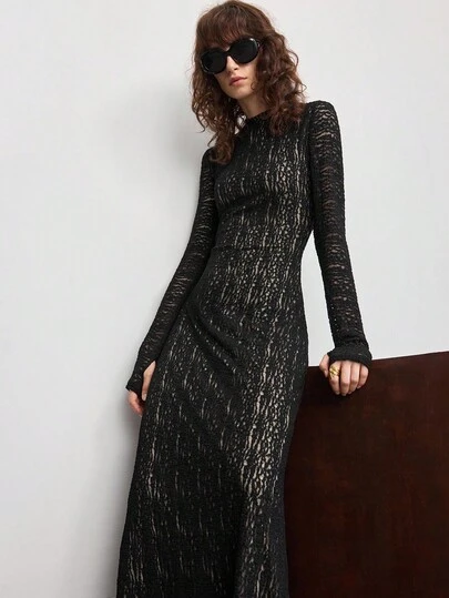 Ontre 2026SS Lace Spring/Summer Dress, Party & Valentine's Day Dress, Women's Long Dress, Elegant Minimalist Design, Black, Fitted Silhouette, Comfortable Lace Fabric, Small Stand Collar, Casual Versatile, Office/Daily Wear, Spring/Summer, Valentine's Day Outfit, Slimming, Semi-Sheer, Designed, Long Sleeve, Round Neck, Waist Cinched, A-Line, Women's Office Attire, Tea Party, Holiday Party, Wedding Guest Outfit, Textured Fabric, Fashionable Versatile Bestselling Women's Long Dress