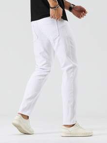Manfinity Homme Celana Jeans Skinny Pria Kasual Warna Polos dengan Kantong Miring - Putih - View 4