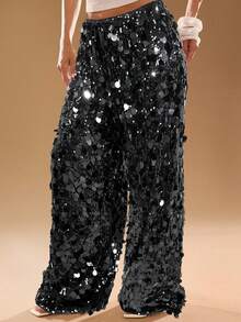 SHEIN BAE Quần ống rộng ống rộng thắt eo sequin thời trang cho nữ - màu đen - Xem 6